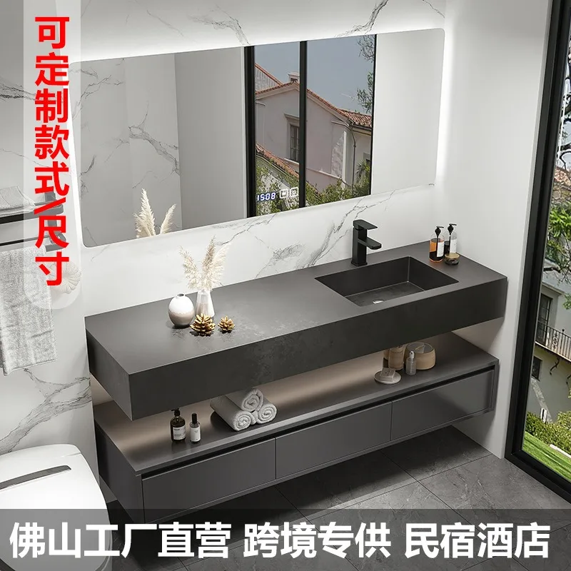 Rock slab hot bending integrated basin bathroom cabinet combination rock slab seamless ceramic basin hotel washbasin wash basin