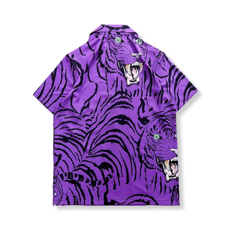 Purple Tiger Full Printed Thin Material Men's Shirt Summer Button Down Collar Shirts for Men Male Top