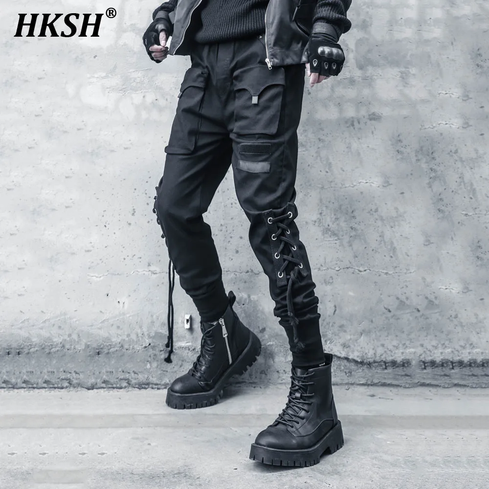 Hksh Herren Flut dunkle taktische Punk Safari Stil Cargo hose personal isierte Techwear Strap schicke Hip Hop Leggings Hose hk2500