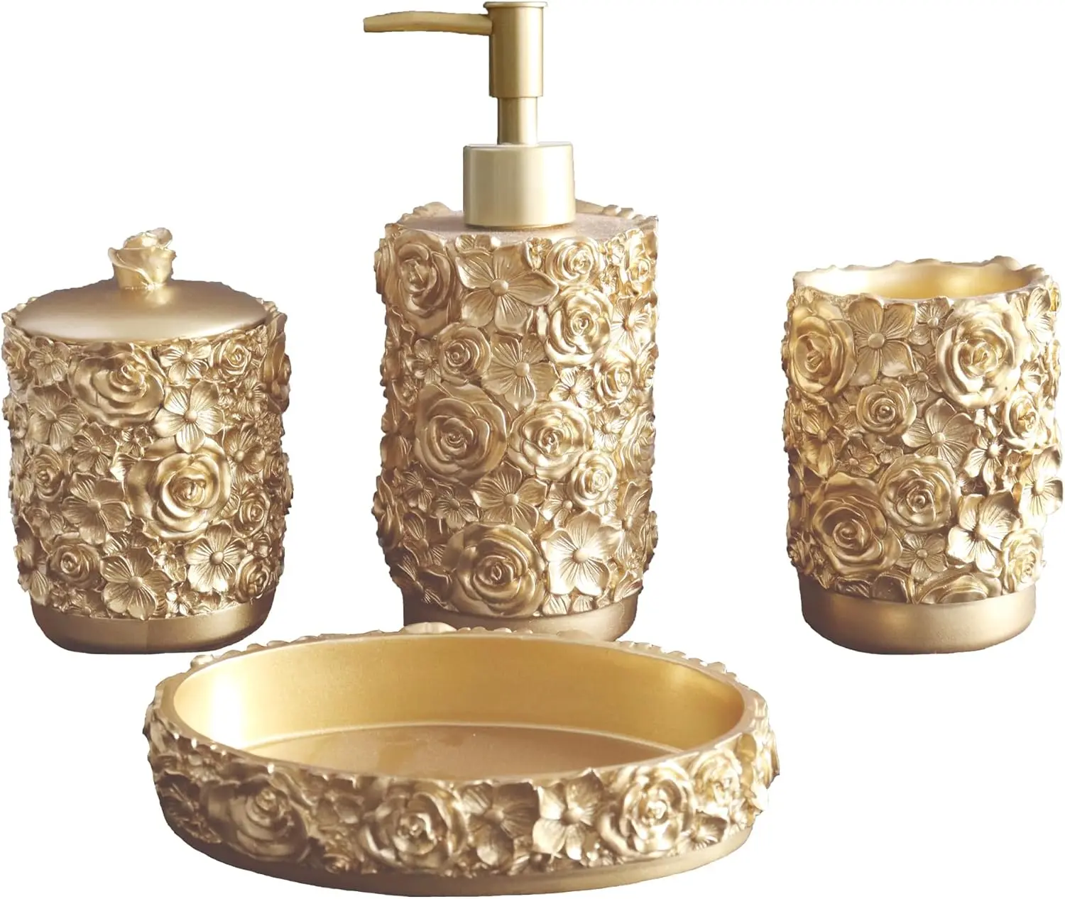 

Rose Design Bathroom Set, 4 Pcs Resin Accessories with Cotton Swab Jar, Soap Dispenser, Dish & Tumbler in White
