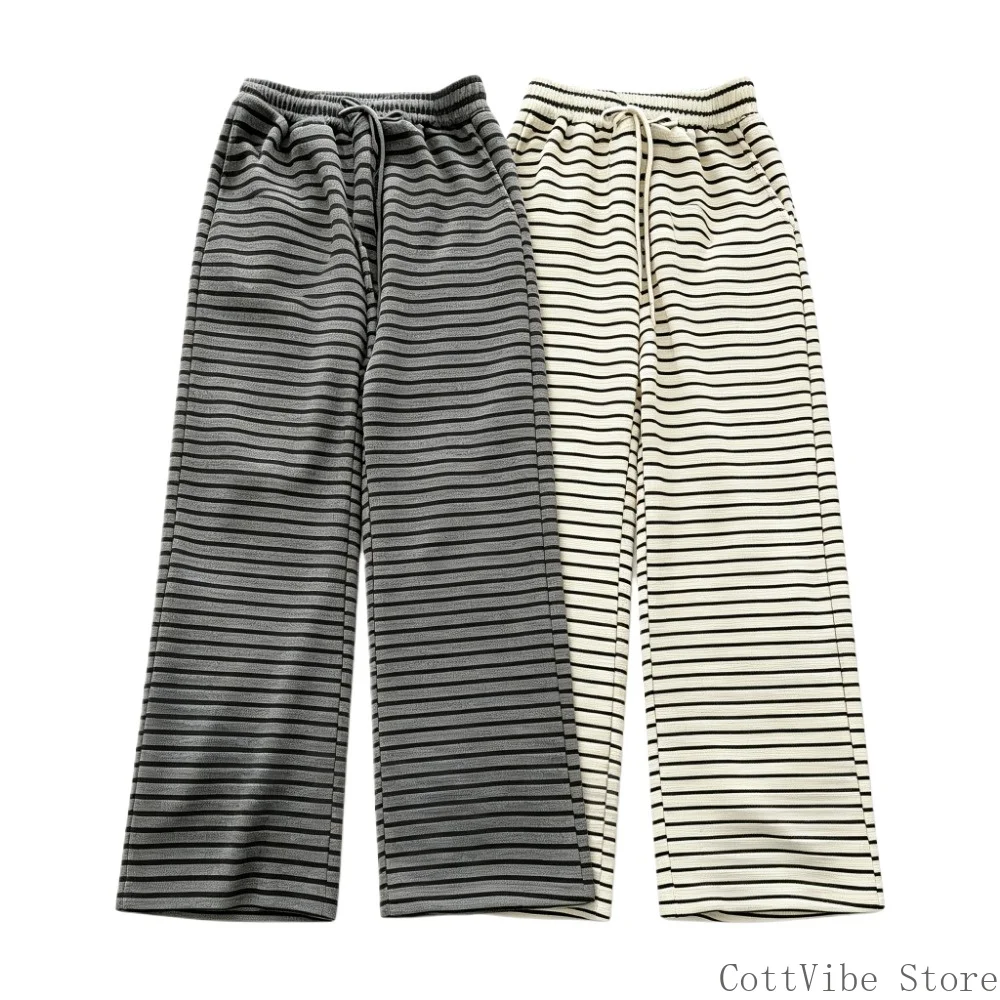 American Retro Striped Wide Leg Straight Pants for Women Drawstring High Waist Casual Long Trousers Warm Sleep Pants Loungewear
