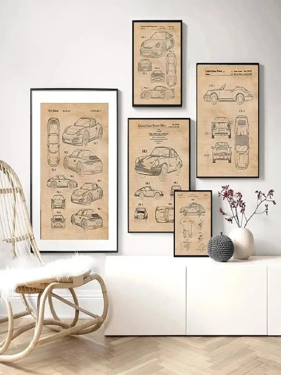 Vintage Porsche Convertible  Patent Sports Car Wall Art  Blueprint Poster Canvas Painting Print  Home Decor for Living Room