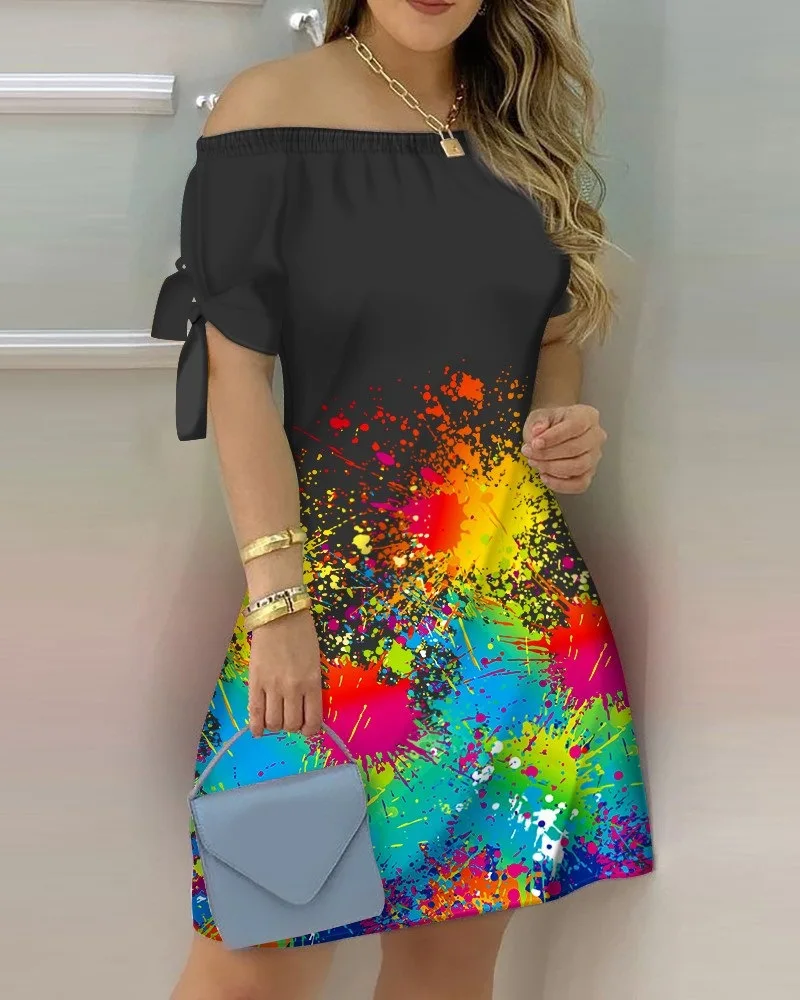 

Сексуальное мини-платье с открытыми плечами, женское весенне-летнее модное повседневное платье с разрезом на шее и коротким рукавом с буквенным принтом для женщин 2025