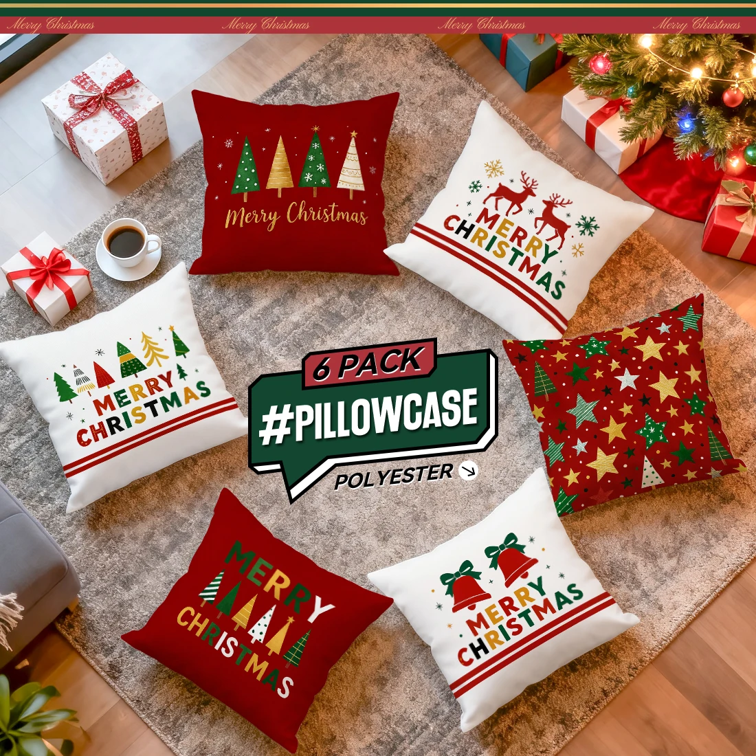 4/6 PCS Set Christmas Tree Elk Bell Pillowcase Printed Polyester Throw Pillowcover Decorative Sofa Cushion Pillowslip Home Decor