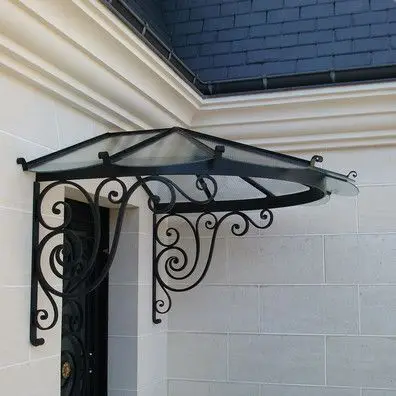 Custom Wrought Iron Awning with Fixed Operation Anti-UV Windproof Features Wall Mounted for Villa Traditional Scrollwork Design