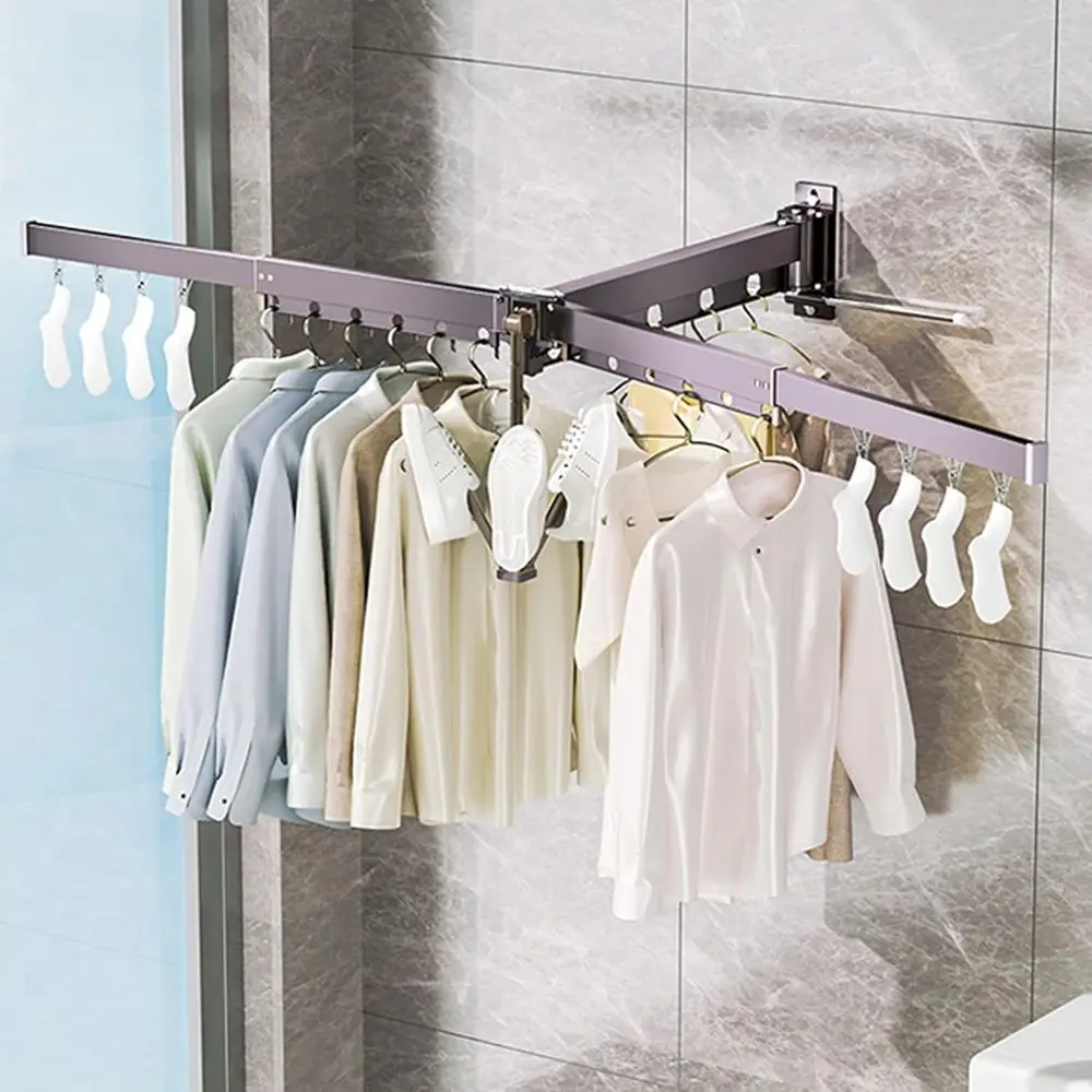 

Compact Indoor Folding Clothes Drying Rack, Wall-Mounted Metal Space-Saving Laundry Hanger, Gray