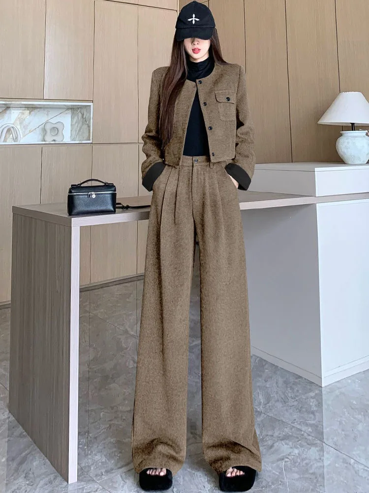 Korea Formal Wool Blend Women 2 Piece Sets Fall Winter Fashion Short O-neck Coats Tops Conjunto High Waist Wide Leg Pants Outfit