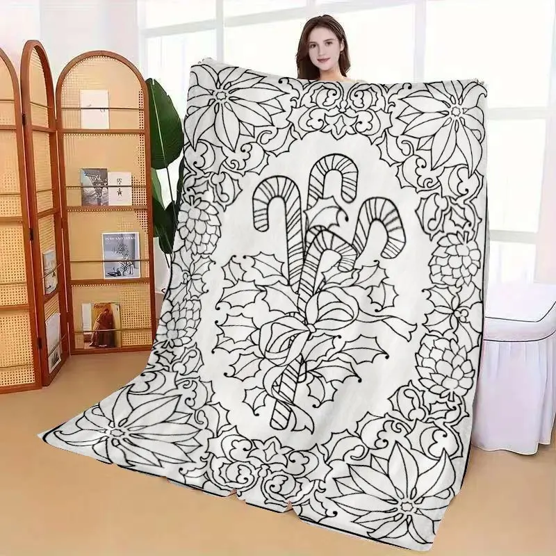 1pc Fluffy Throw Blanket, 2D Flat Line Art Christmas Candy Cane Floral Print, Warm Blanket for Sofa Bedroom, Camping Decor Gift