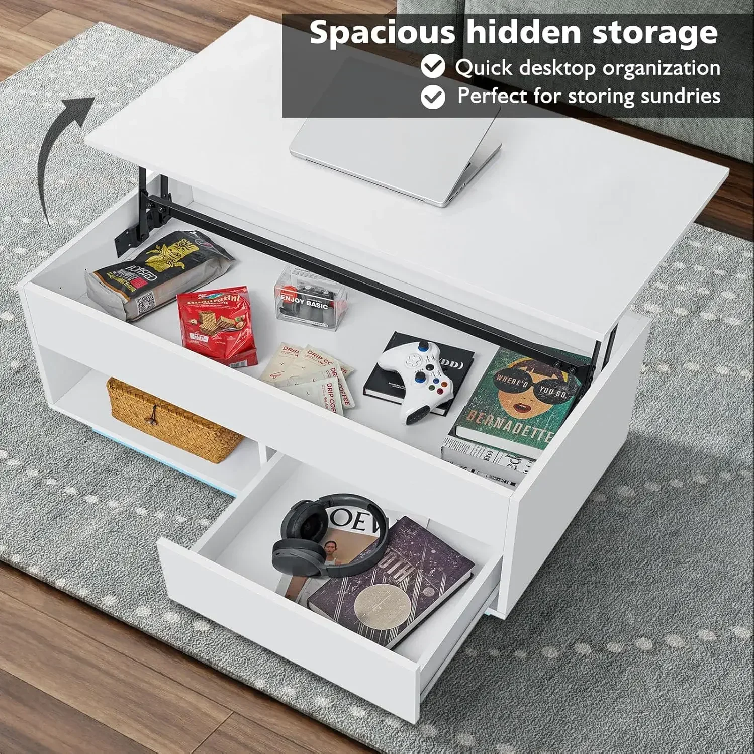 رفع طاولة القهوة العلوية مع تخزين طاولة القهوة LED الحديثة عالية اللمعان غرفة المعيشة 3 طبقات طاولة الشاي الحديثة مع التخزين #5