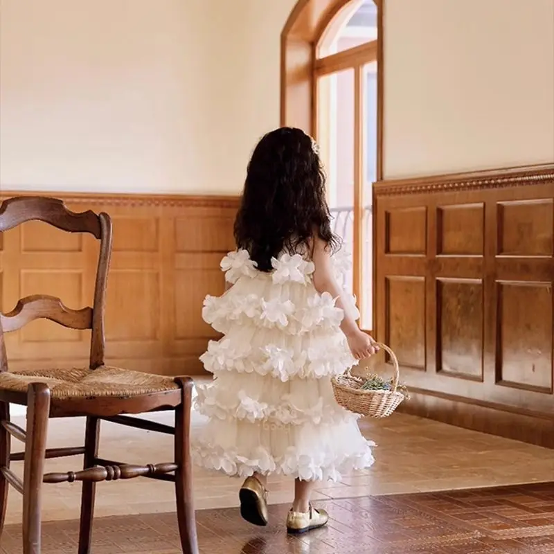 Girl Princess Dress 2025 Summer New Flower Birthday Dress Girl Fairy Yarn Dress Children's Cake Dress