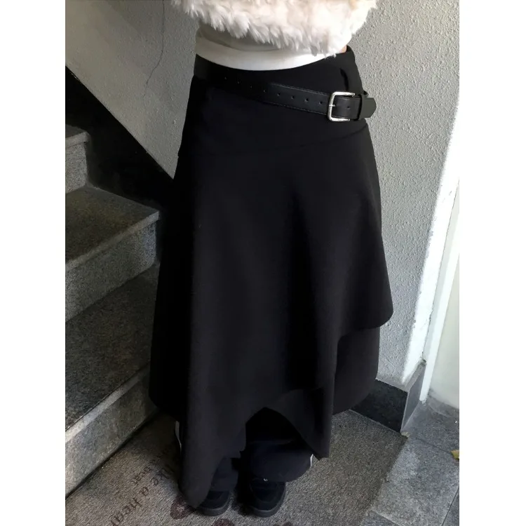 High Waist A-Line Midi Skirt for Women with Belt Irregular Woolen  Skirt Slimming Style Casual Commute Polyester Fiber