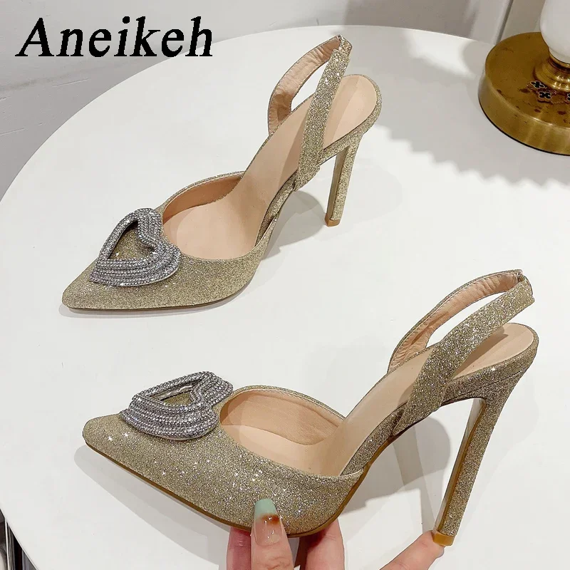 Aneikeh Glitter Heart-shaped Rhinestone Sandals Pumps 2025 Summer Sexy Stiletto Pointed High Heels Lady Shoes Party Prom Shoes image 3