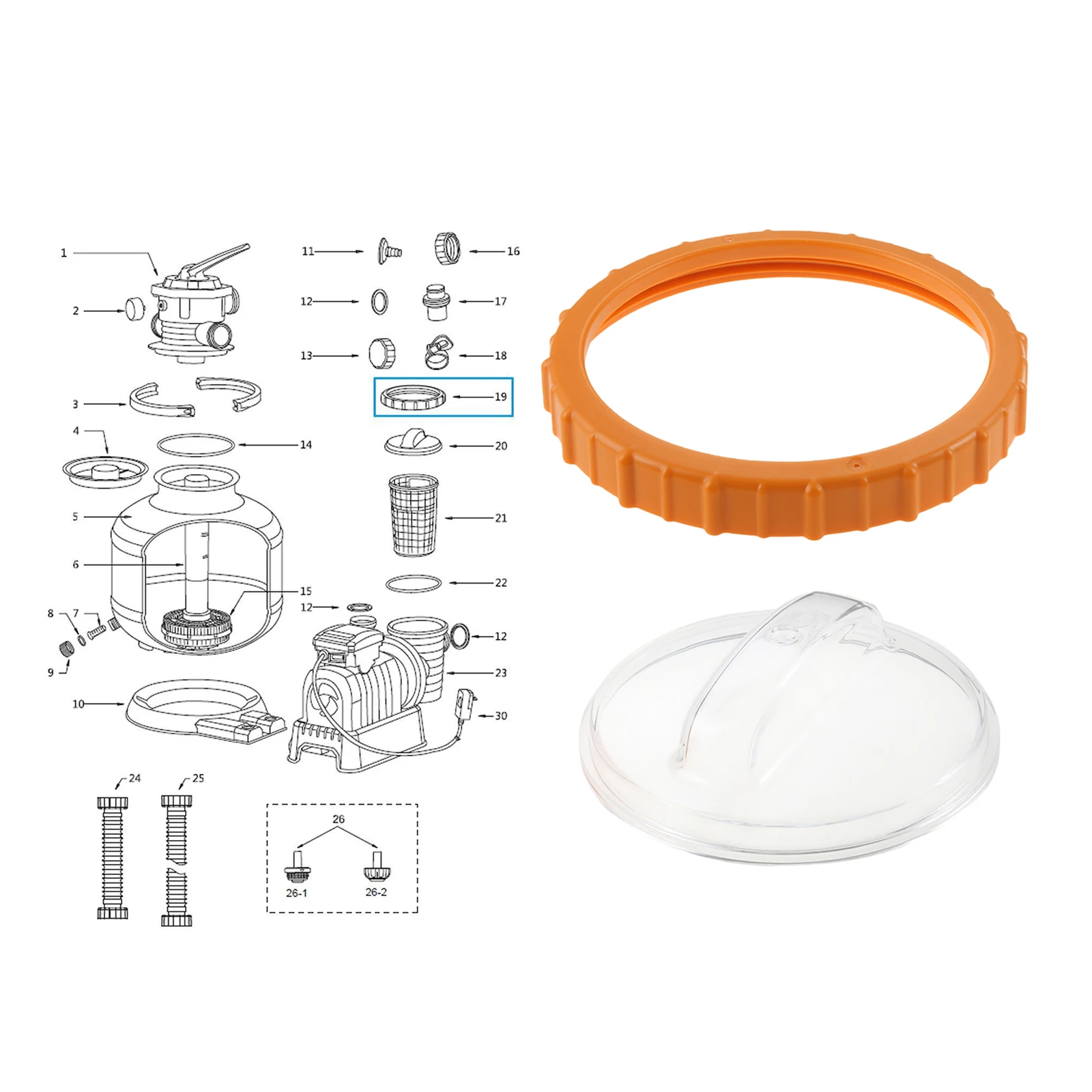 Plastic Pre-Filter Cover with Orange Nut P07018 for Sand Pump Lid P07019 Models 58486 58497 58499 Leakproof Pressure Stability