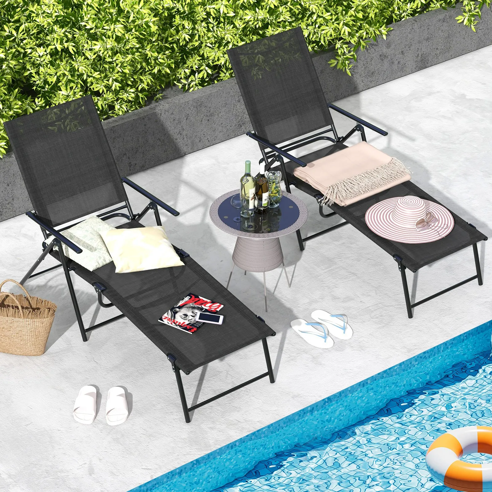 

2 PCS Patio Folding Chaise Lounge Chairs with Breathable Seat Fabric Backyard