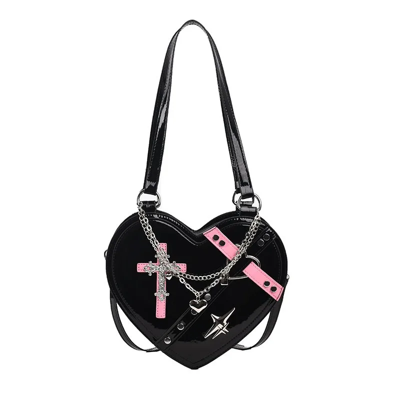 

Korean Style Creative Punk Style Shoulder Bag for Women 2025 New Fashion Rivet Black Bags Personalized Love Shape Underarm Bag