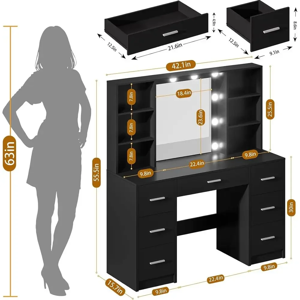 Illuminated Makeup Vanity Desk with Adjustable Lighting, 7 Drawers, 6 Shelves, and Power Outlet for Bedroom or Dressing Area