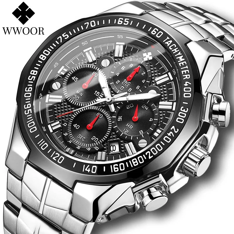 WWOOR Sport Watches For Men Top Brand Luxury Mens Military Quartz Watch Man Full Steel Waterproof Chronograph Clock Reloj Hombre