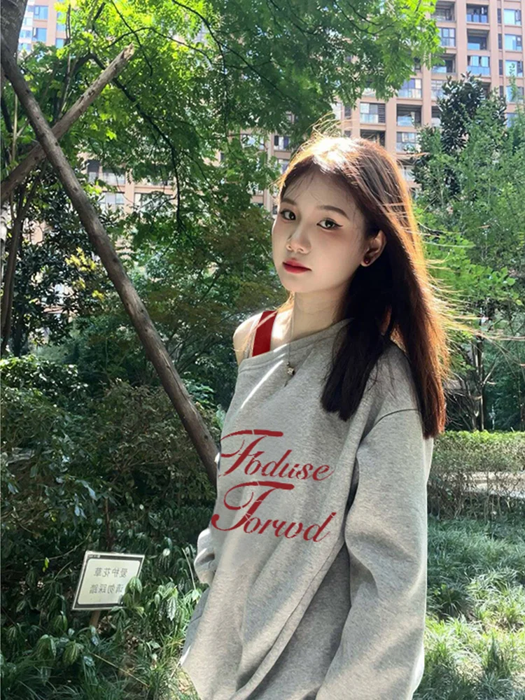 2025 Spring and Autumn New Women's American Retro Gray Off-Shoulder Loose Casual Long Sleeve Letter Print Sweatshirt