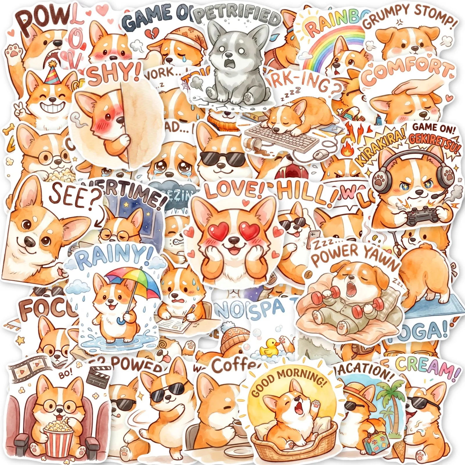 50-Pack Hand-Drawn Fun Dog Emoticon Stickers Waterproof Decorative Decals for Water Bottles Computer Guitar Notebook Stationery