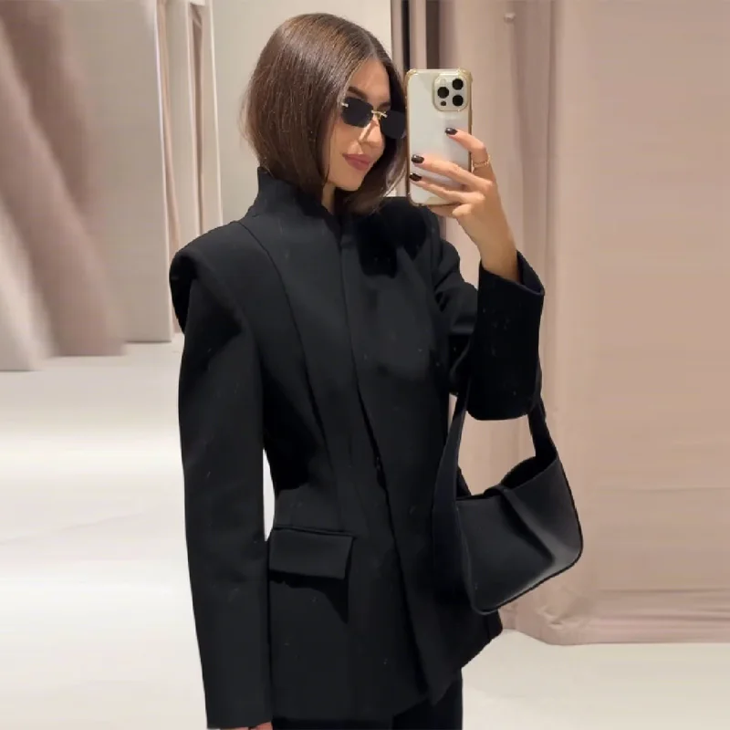 

Стильный дизайнерский пиджак, плиссированный, с завязкой на талии, универсальный повседневный женский тренд, черный пиджак, осенняя женская уличная одежда