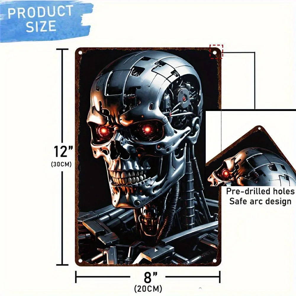 HD Tin Sign Terminator T-800 Endoskeleton Vintage Wall Decor - Retro Sci-Fi Robot Skull Art Metal Tin Sign for Man Cave Decor