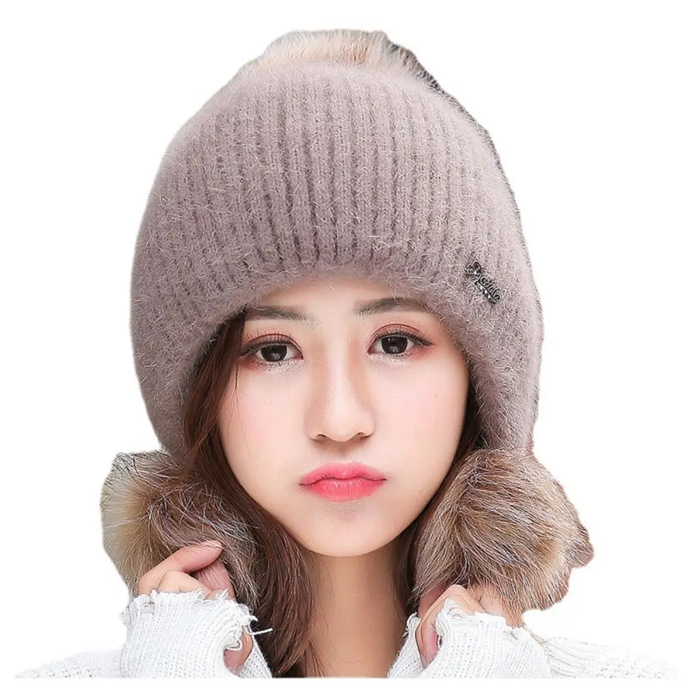 Thickened Warm Knitted Hat Ear Protection Breathable Fur Pompom Beanies Hat Solid Color Comfortable Pullover Hat Outdoor
