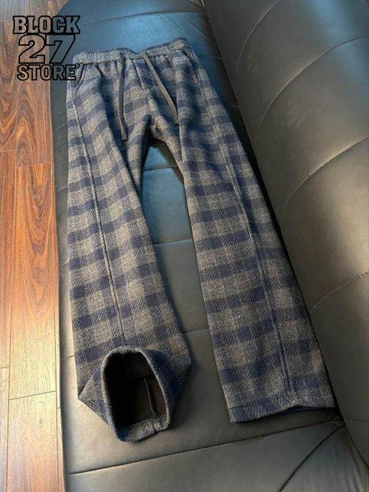 

Мужские брюки Harajuku, американская винтажная уличная одежда, темно-синие шерстяные брюки в клетку, толстые синельные свободные брюки, зимняя повседневная новинка в стиле ретро