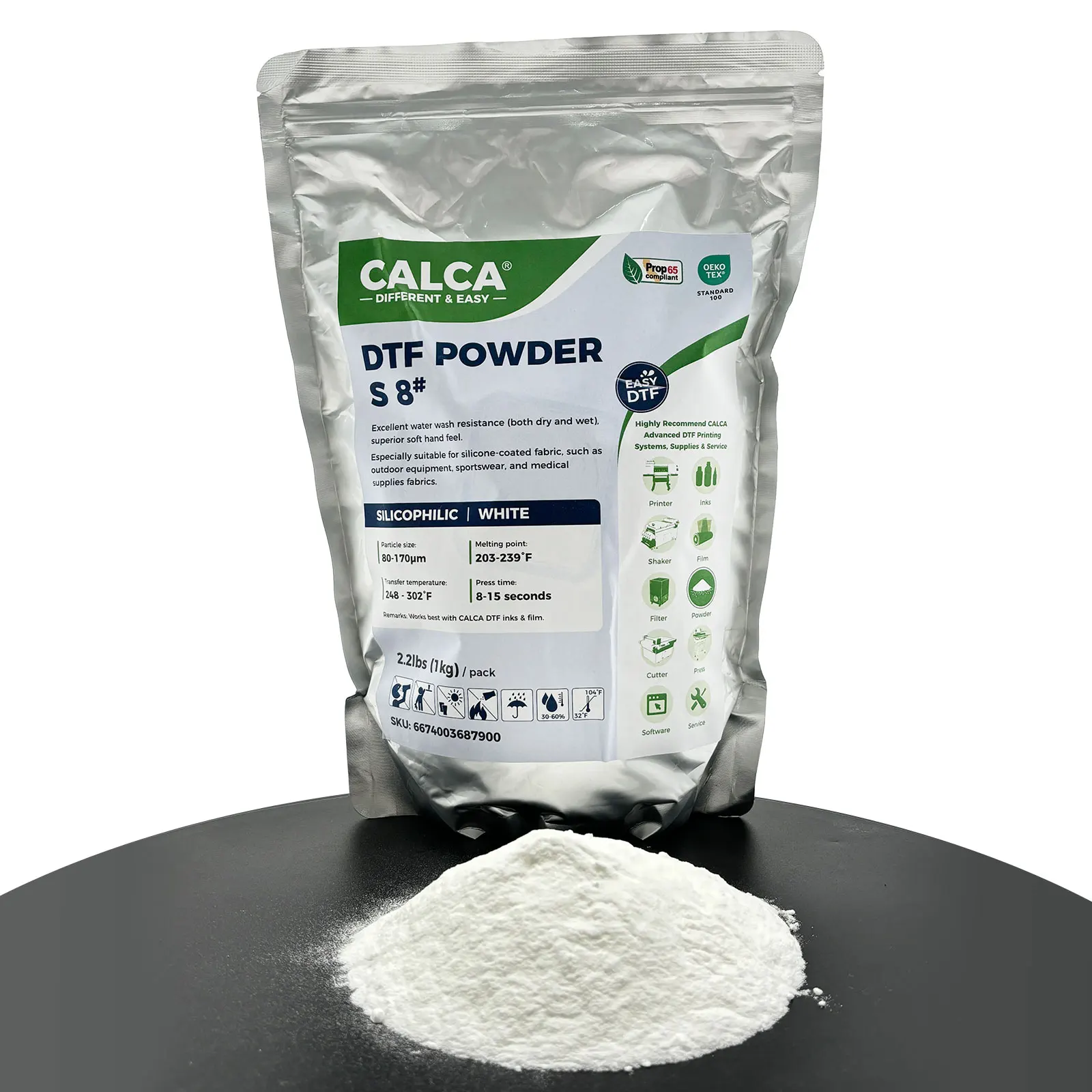 US Stock CALCA S8 Silicone-Friendly Fabric Fine White DTF Powder 1kg Hot Melt Powder for T-shirts Transfer Printing Wholesale
