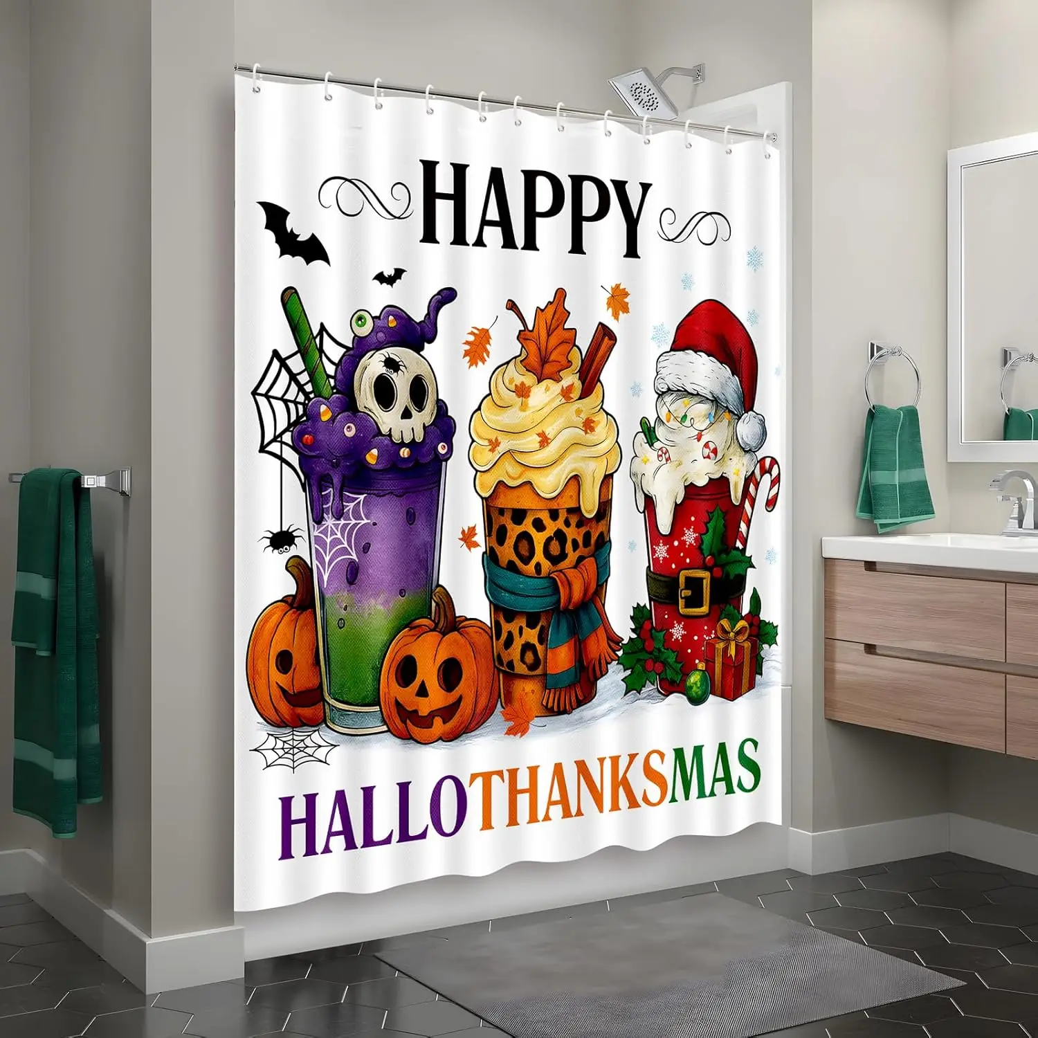 ستارة دش الهالوين لأكواب الحمام، عيد الميلاد، الخريف، عيد الشكر، عيد الميلاد مع 12 خطافًا، ديكور 72 × 72 بوصة