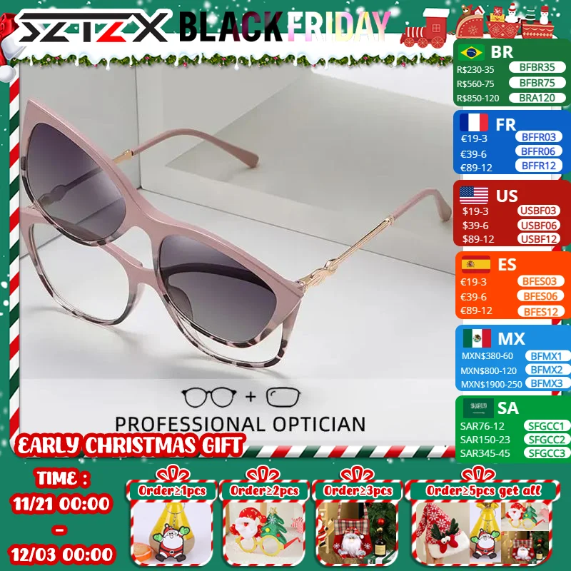 SZTZX Cat Eye Magnet Clip On Reading Glasses Women Anti-Blue Ray Myopia Hyperopia Prescription Glasses With Polarized Sunglasses