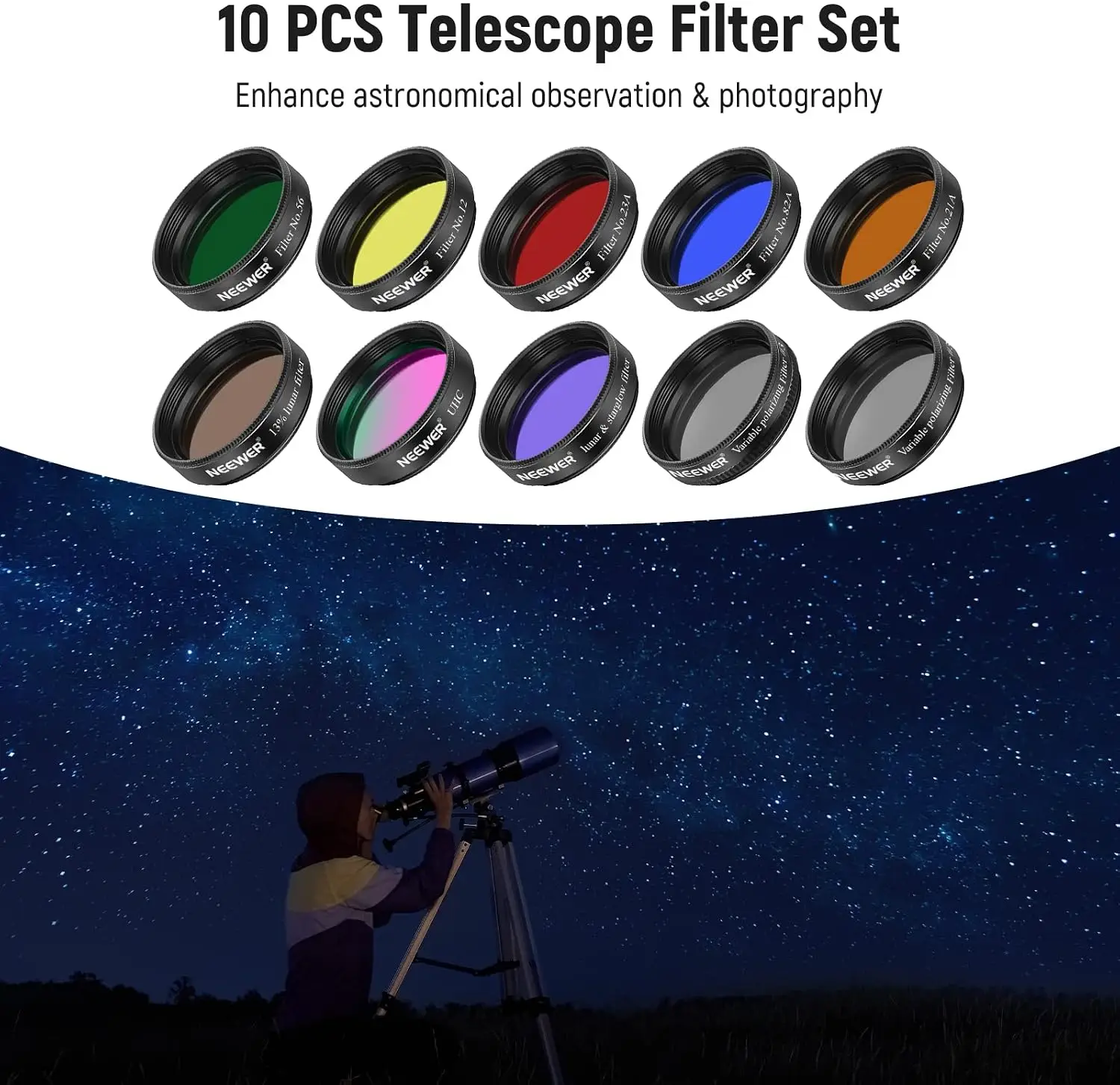 NEEWER 1,25 Zoll 10er-Pack Teleskop-Okularfilter-Set, 5 x Planetenfarbfilter, 2 x Variable Polarisationsfilter, 13% Mondfilter – Detail 1
