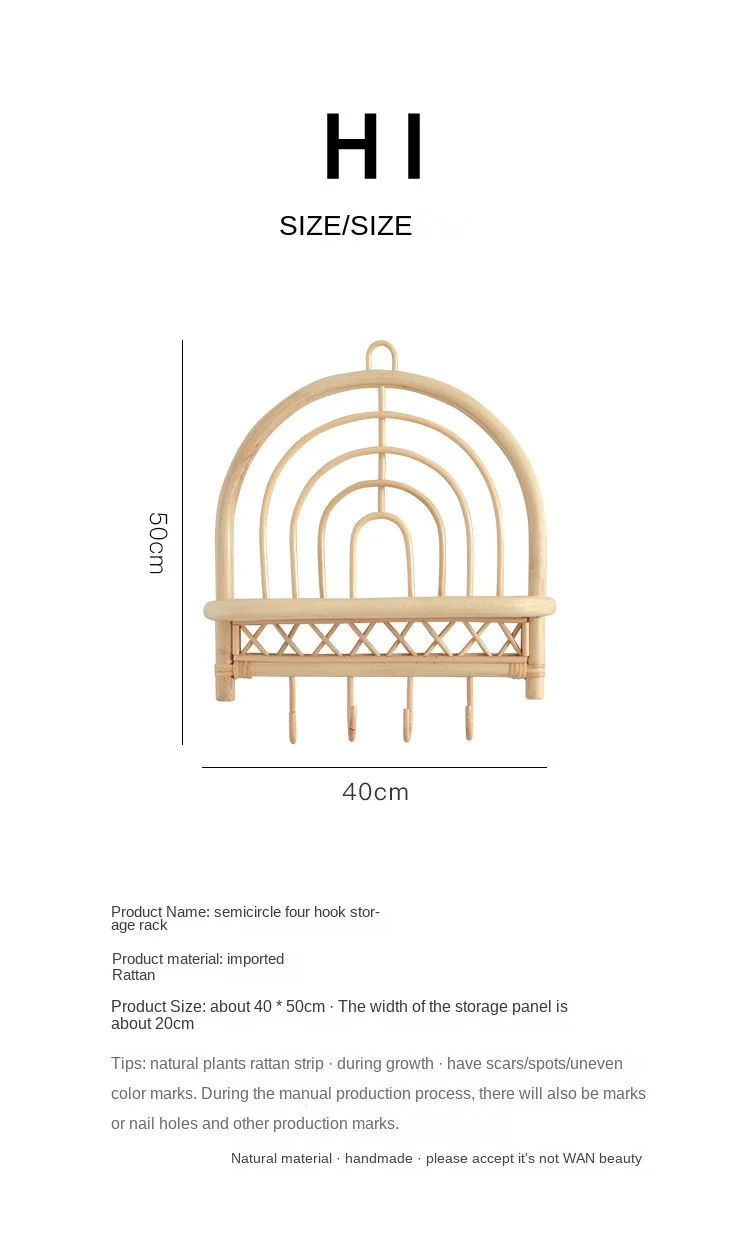 

Rattan Wall Shelf Handmade Semi Circular Rattan with Hook Wall Rack Children's Room Decoration Porch Coat Hook Home Furnishings