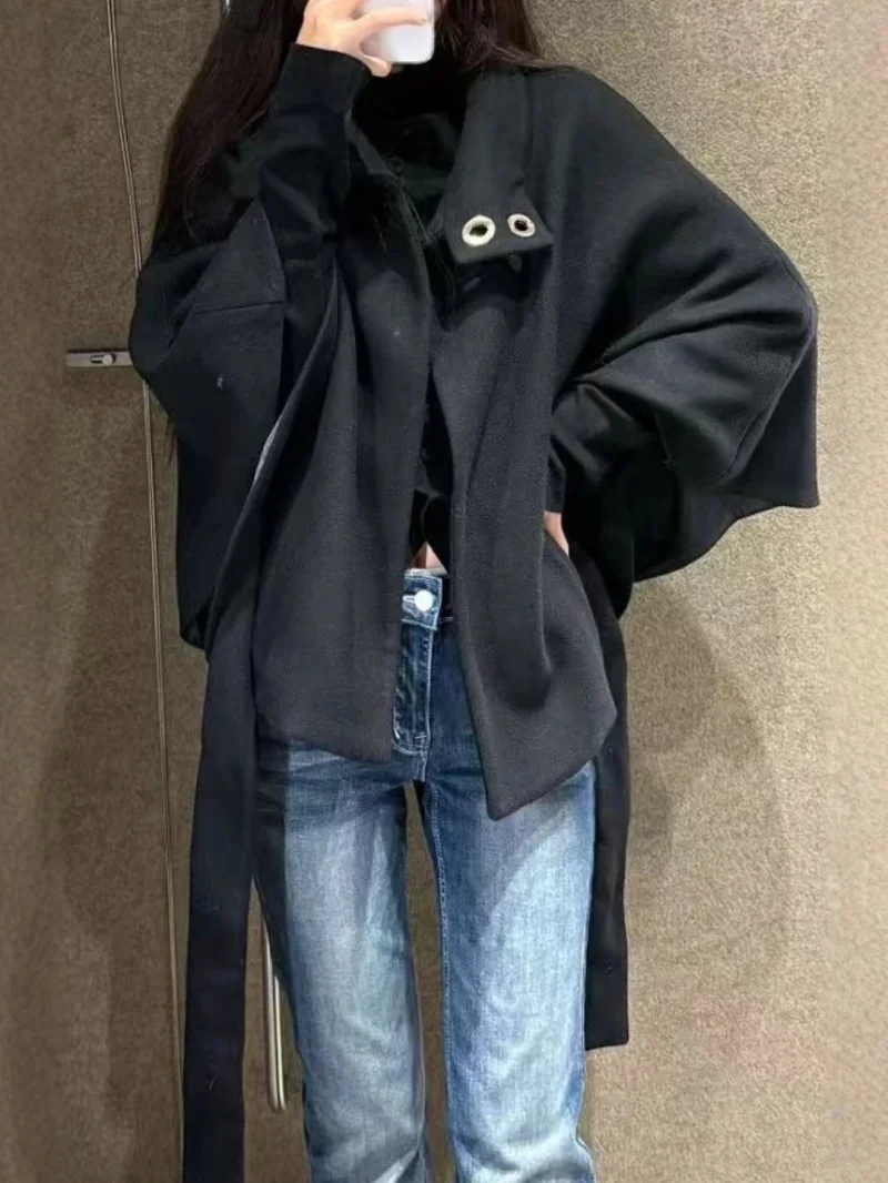 ETJ 2026 women's spring new elegant and stylish loose version of the coat high neck with belt and wide sleeve blend coat