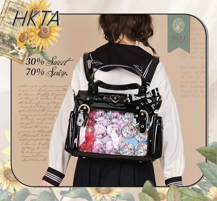 

Japanese Pain Bag Two-dimensional Black Pu Leather Handbag Transparent Out Backpack Women and Men Bow Large Capacity Y2k Bags