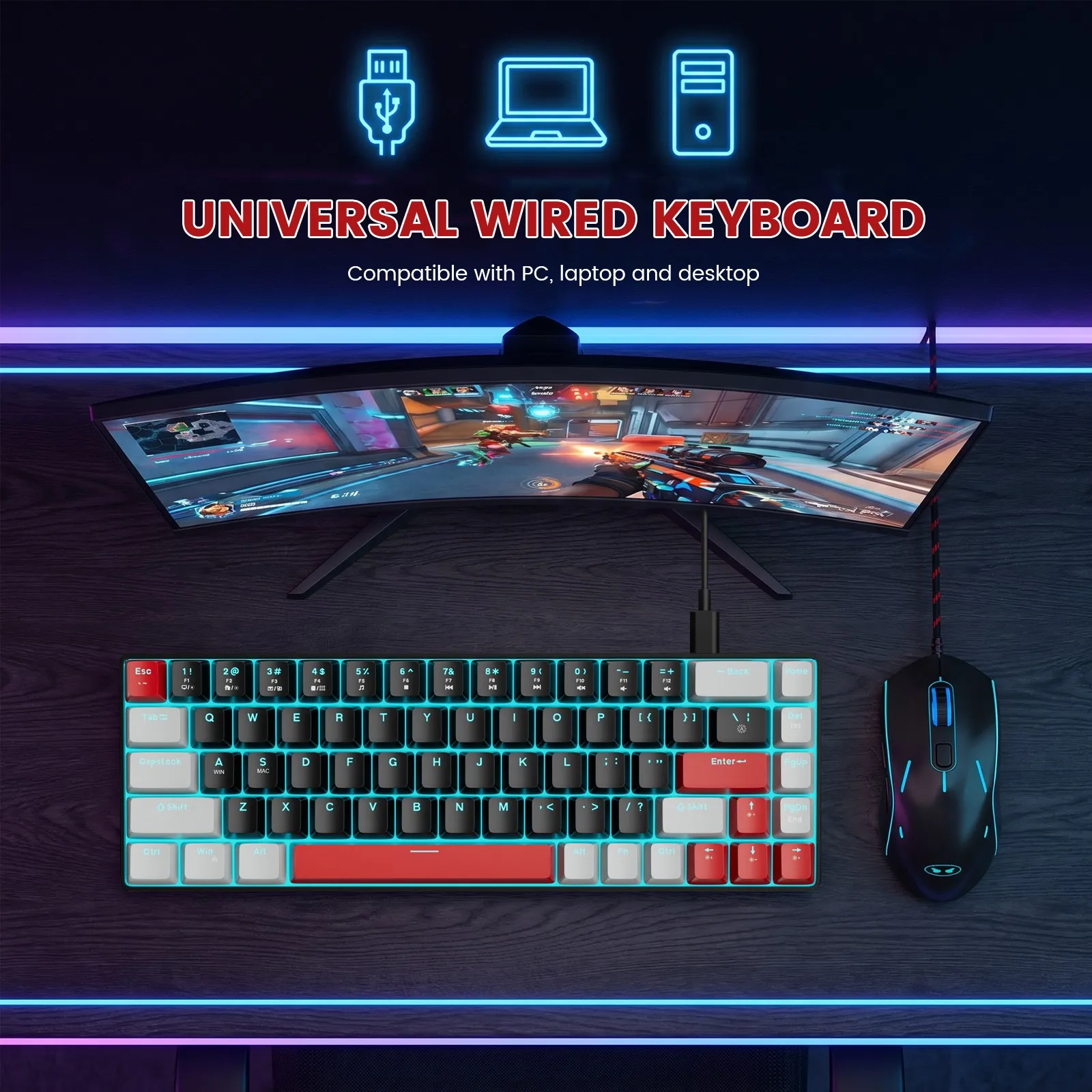 FocusOnPC MK-Box Keyboard & G12 Mouse Combo, Portable 60% Mechanical Gaming Keyboard, LED Backlit Compact 68 Keys Mini Wired Keyboard + G12 Wired Gaming Mouse, 3200 DPI, 6 Programmable Buttons, Gaming & Office Set for Windows PC Laptop Gamer