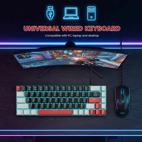 FocusOnPC MK-Box Keyboard & G12 Mouse Combo, Portable 60% Mechanical Gaming Keyboard, LED Backlit Compact 68 Keys Mini Wired Keyboard + G12 Wired Gaming Mouse, 3200 DPI, 6 Programmable Buttons, Gaming & Office Set for Windows PC Laptop Gamer