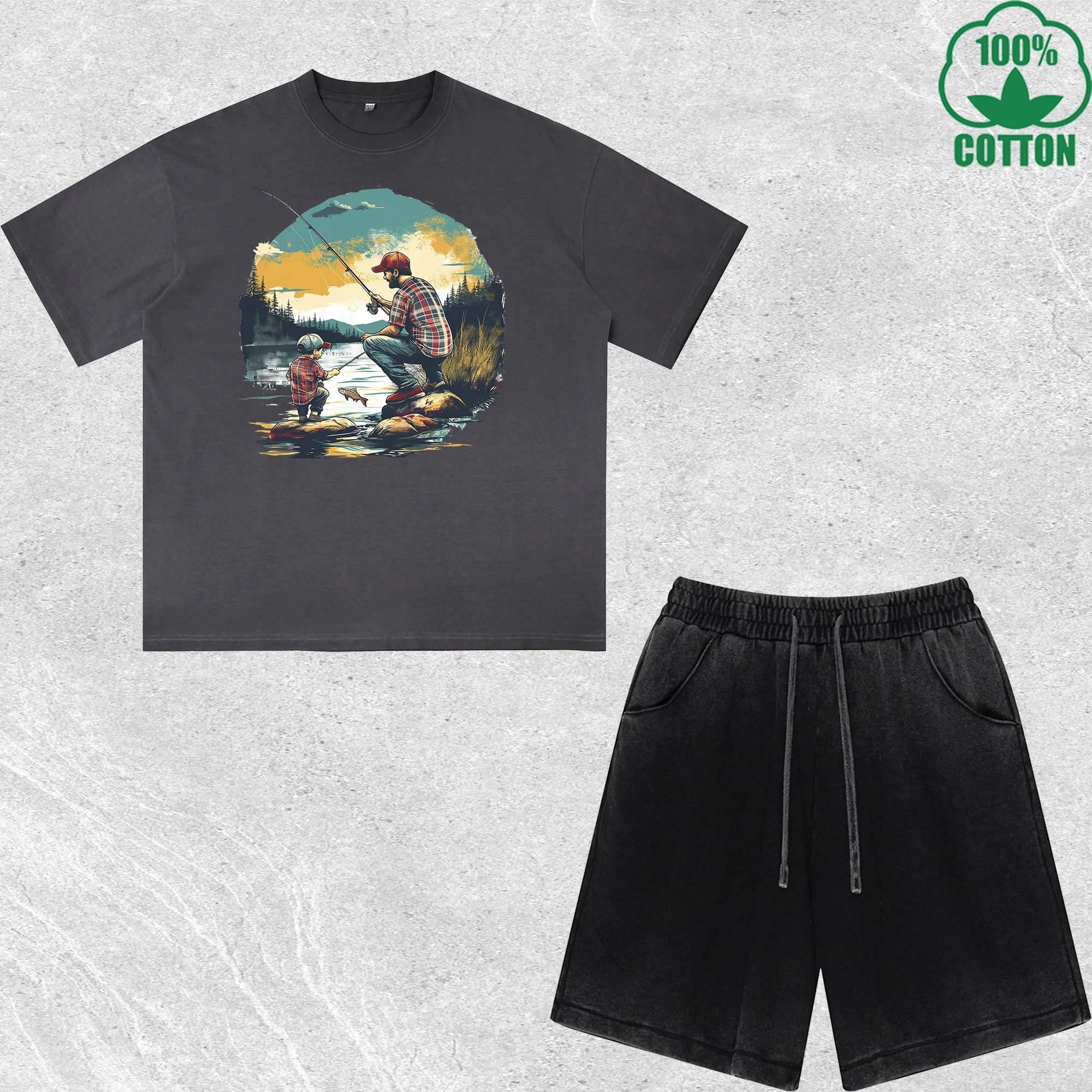 

Fishing Partners For Life Printed Dirty Wash T-Shirt Shorts Set Combo Loose Trendy Fashionable 100%Cotton Black Suit