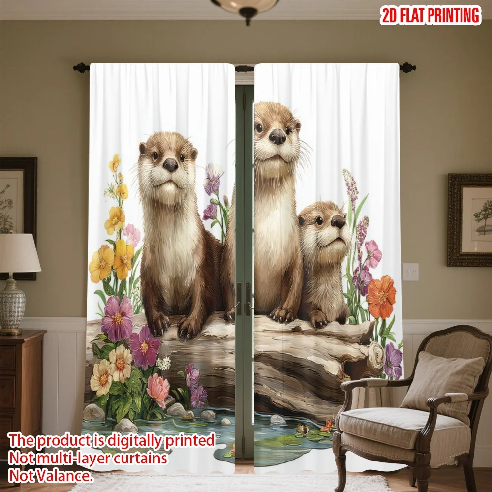 

2D flat printing 2pcs Curtain Otters Among Flowers Digital Printed Polyester Drapes All Season Party & Holiday Decor Perfect for
