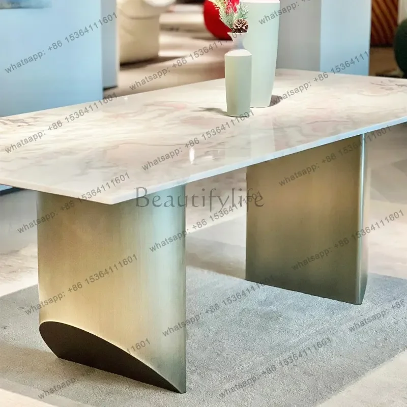 

yj58 Natural rose rainbow marble rectangular light luxury high-end dining table high-end