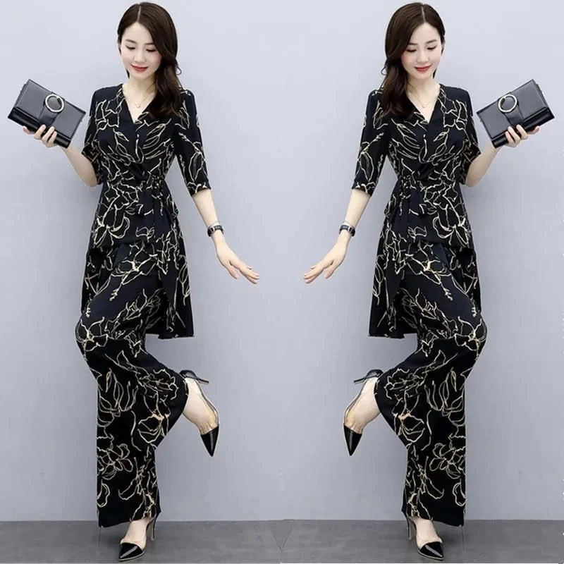 Elegant Print 2 Piece Set Women Outfits Summer Korean Fashion Irregular Blouse + Wide Leg Pant Suit Oversize 4Xl Ensemble Femme