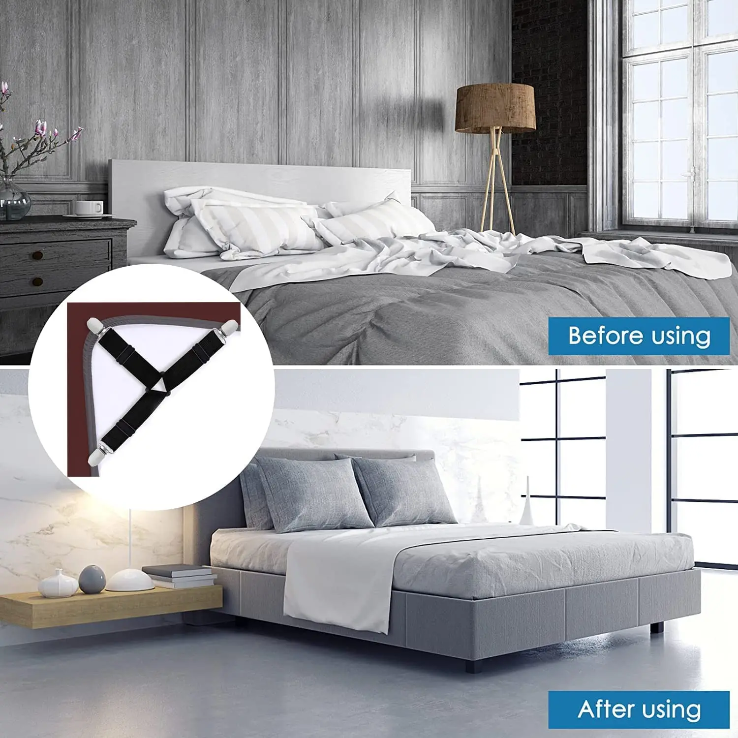 4 pezzi di lenzuolo regolabile e supporto per trapunta per lenzuolo, organizer per materasso, clip per la casa, cinghie elastiche, clip regolabili