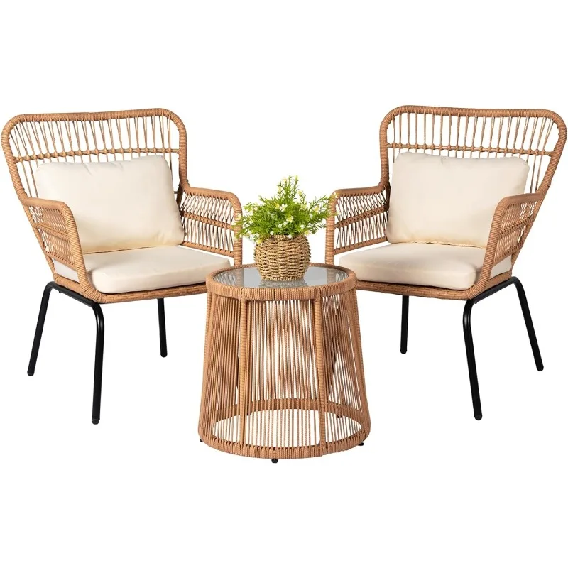 3 Piece Outdoor Wicker Furniture Bistro Set, Rattan Chairs Conversation Sets Porch Furniture, Wicker Patio Furniture for Balcony