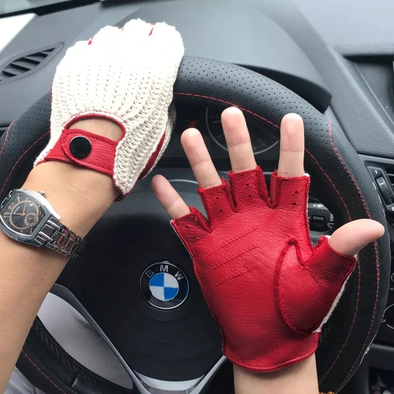 Autumn Winter Men\'s Wool Knitted Goatskin Gloves Locomotive mitten Car Driving Motorcycle Genuine Men Leather Gloves