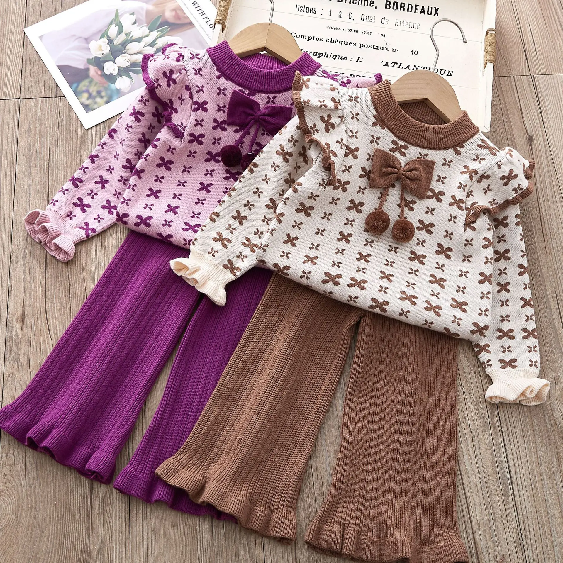 Winter Girls Fashion Sweater Set Autumn 2023 New Children's Walking Casual Bell Bottoms Two-piece Sets Girls Knitwear Sweater