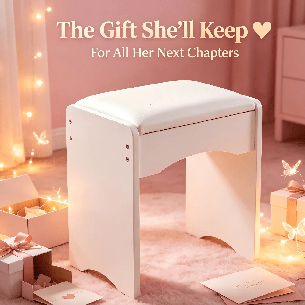 

Vanity Stool, Cute Padded Vanity Stool, White Makeup Chair, Suitable For Small Spaces, Living Room, Bedroom, Bathroom, Entryway