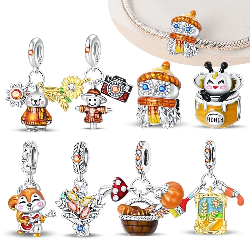 Silver 925 Autumn Series Maple Scarecrow Pumpkin Squirrel Charms Beads Fit Original Bracelet DIY Fine Jewelry Gifts for Women