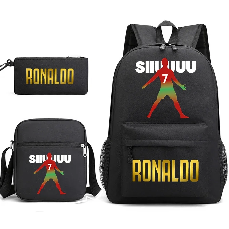 Ronaldo Print Backpack Set Campus Student School Bag Shoulder Bag Pencil Bag Black Style 3-piece Set