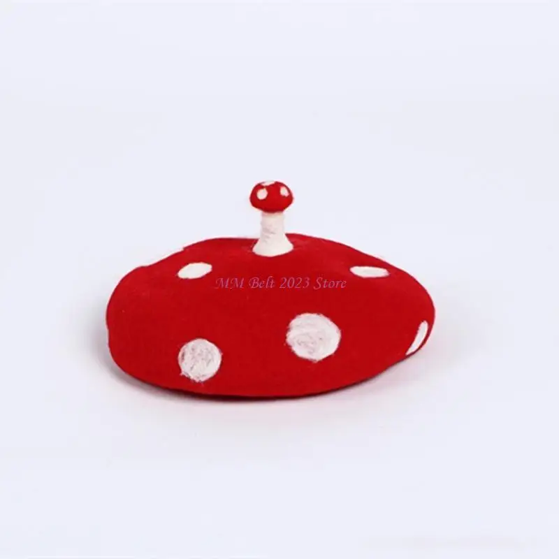 49ME نساء فتاة قبعة الفنان الفرنسي الدافئة الصوف قبعة شتوية قبعة خمر نقطة بيضاء النقاط لطيف صغير الفطر قبعة الشتاء قبعة