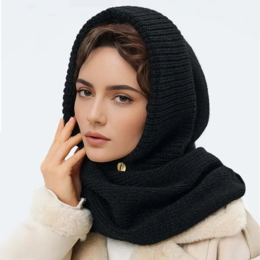 Fashion 2 in 1 Balaclava Hood Hat Scarf One-Piece Solid Color Knitted Hooded Scarf Crochet Hat Scarfs Set for Women