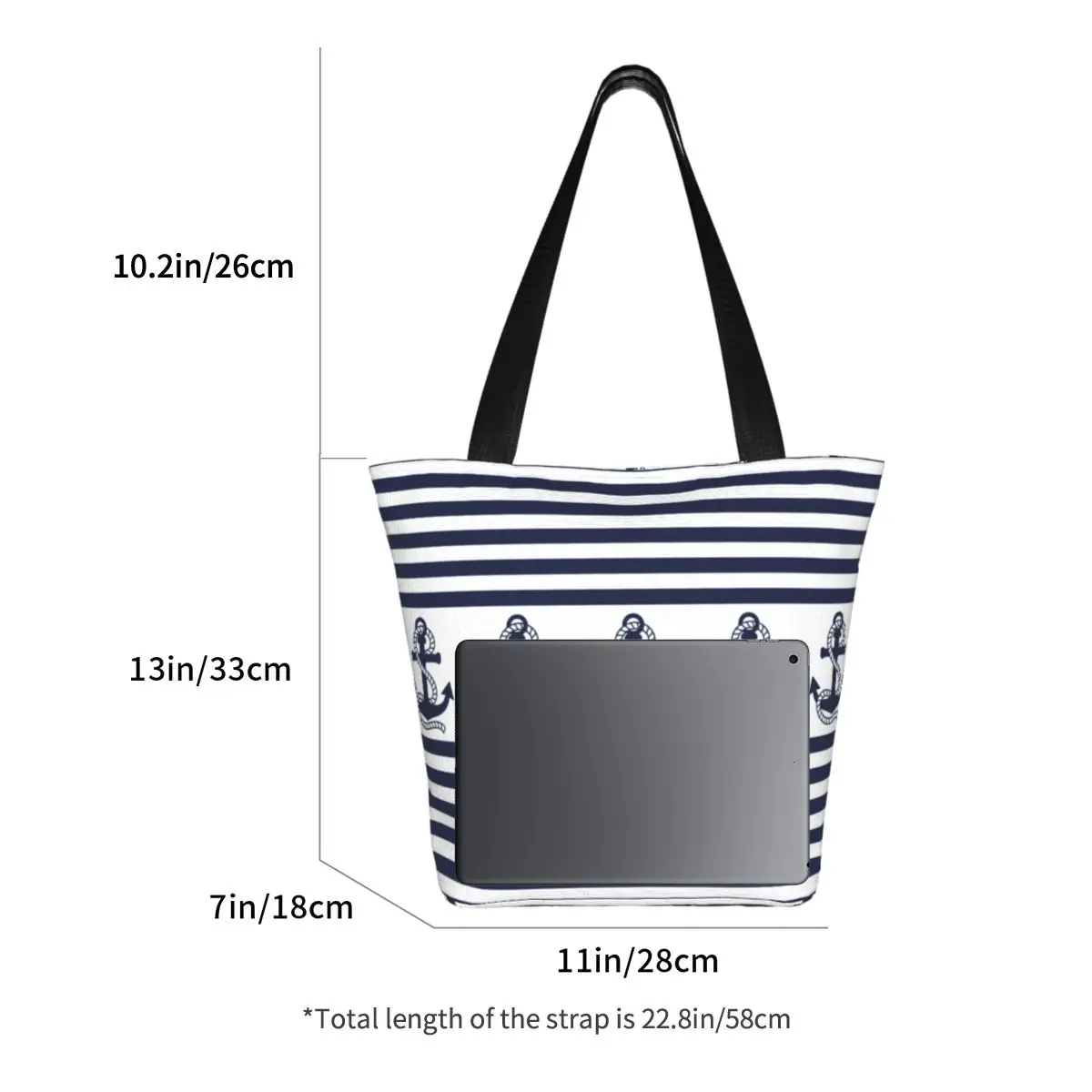 Custom Nautical Stripe Navy Blue Anchor Groceries Shopping Bags Canvas Shopper Shoulder Tote Bags Large Capacity Durable Handbag